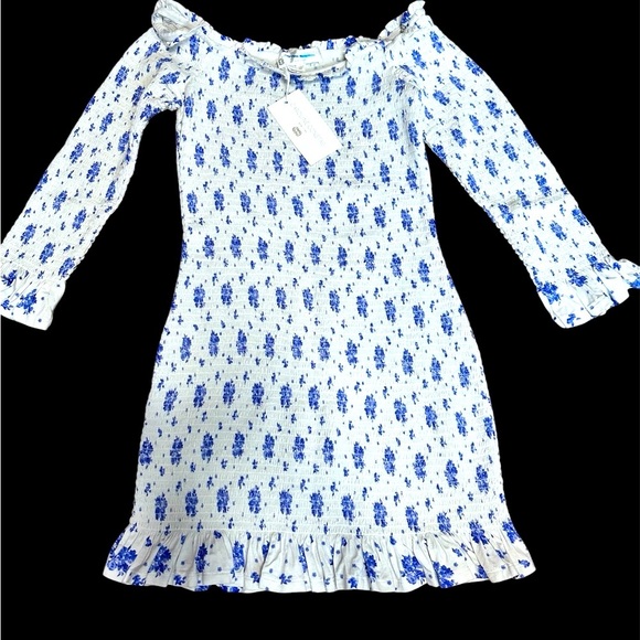 Caroline Constas TILLY Blue and White XL Mini Dress Long Soeeve Off Shoulder NWT - Picture 1 of 14